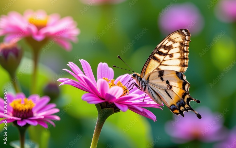 Fototapeta premium A vibrant butterfly with intricate wing patterns delicately lands in warm sunlight.