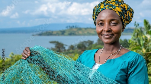 Smiling African woman holding fishing net by lake.