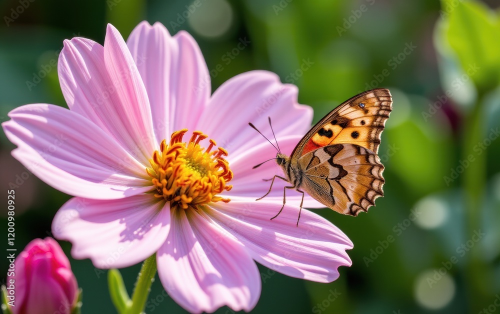 A vibrant butterfly with intricate wing patterns delicately lands in warm sunlight. A vibrant butterfly with intricate wing patterns delicately lands in warm sunlight.