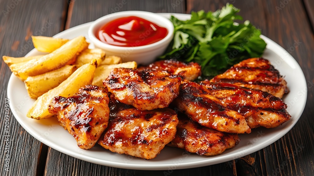 Grilled Chicken with Fries and Sauce on Plate Grilled Chicken with Fries and Sauce on Plate