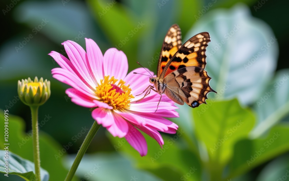 A vibrant butterfly with intricate wing patterns delicately lands in warm sunlight. A vibrant butterfly with intricate wing patterns delicately lands in warm sunlight.