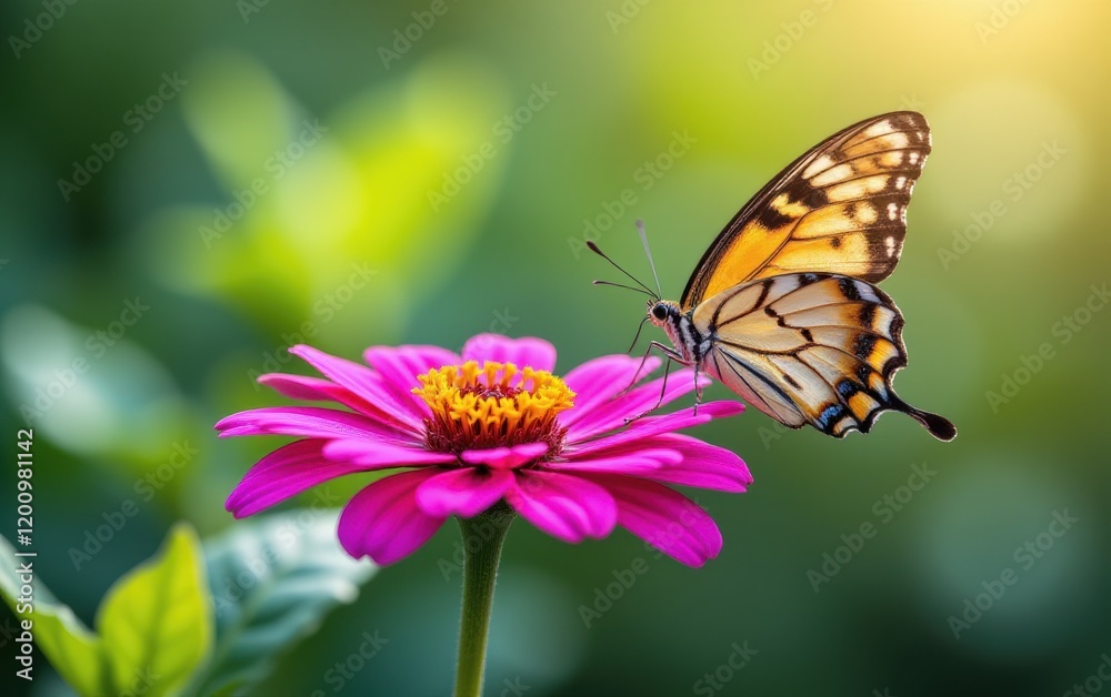 A vibrant butterfly with intricate wing patterns delicately lands in warm sunlight. A vibrant butterfly with intricate wing patterns delicately lands in warm sunlight.