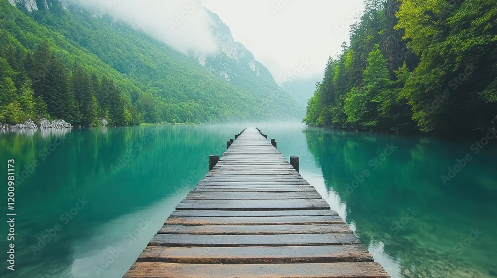 Fototapeta premium Serene Mountain Lake Wooden Dock: A Misty Morning