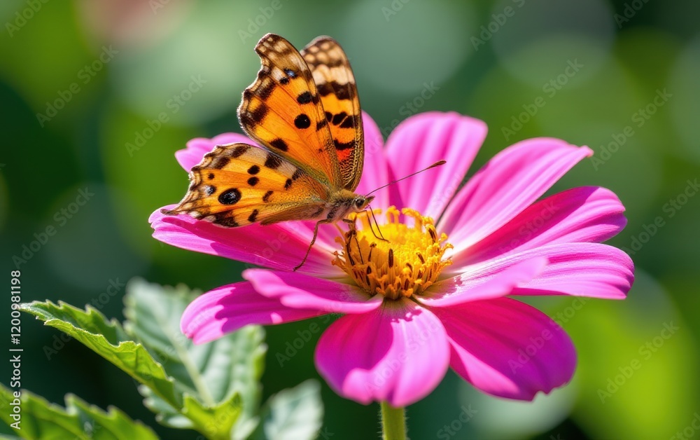 A vibrant butterfly with intricate wing patterns delicately lands in warm sunlight. A vibrant butterfly with intricate wing patterns delicately lands in warm sunlight.
