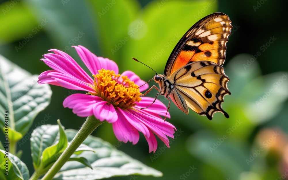 A vibrant butterfly with intricate wing patterns delicately lands in warm sunlight. A vibrant butterfly with intricate wing patterns delicately lands in warm sunlight.