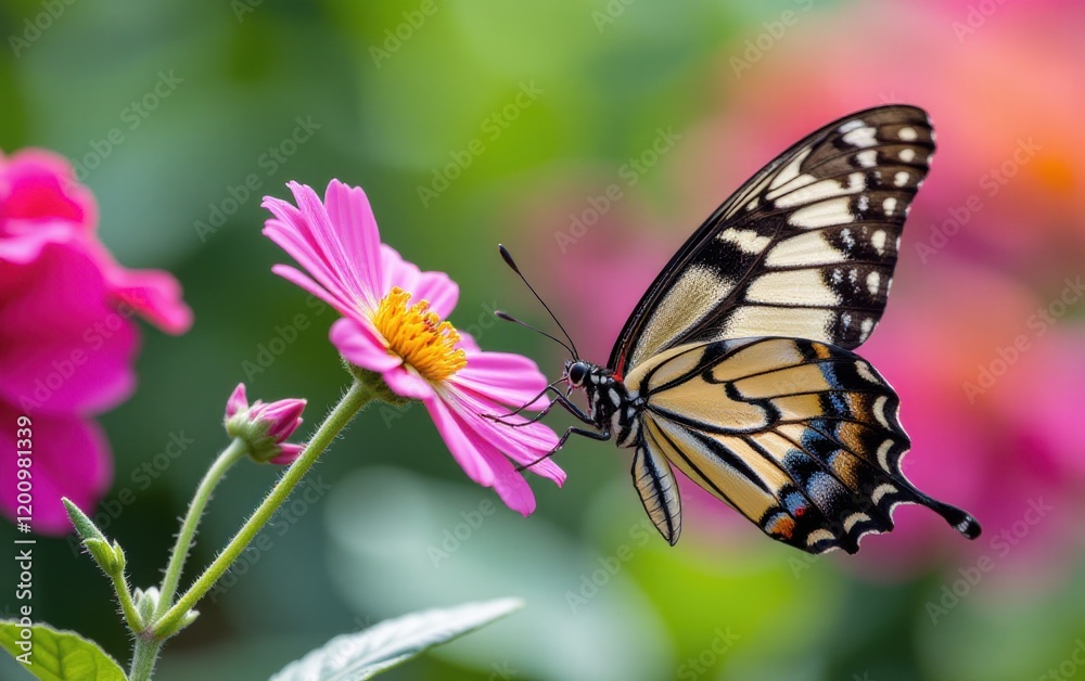 Obraz premium A vibrant butterfly with intricate wing patterns delicately lands in warm sunlight.