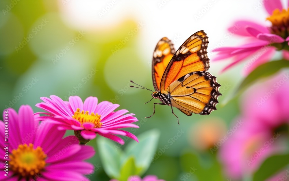 Obraz premium A vibrant butterfly with intricate wing patterns delicately lands in warm sunlight.