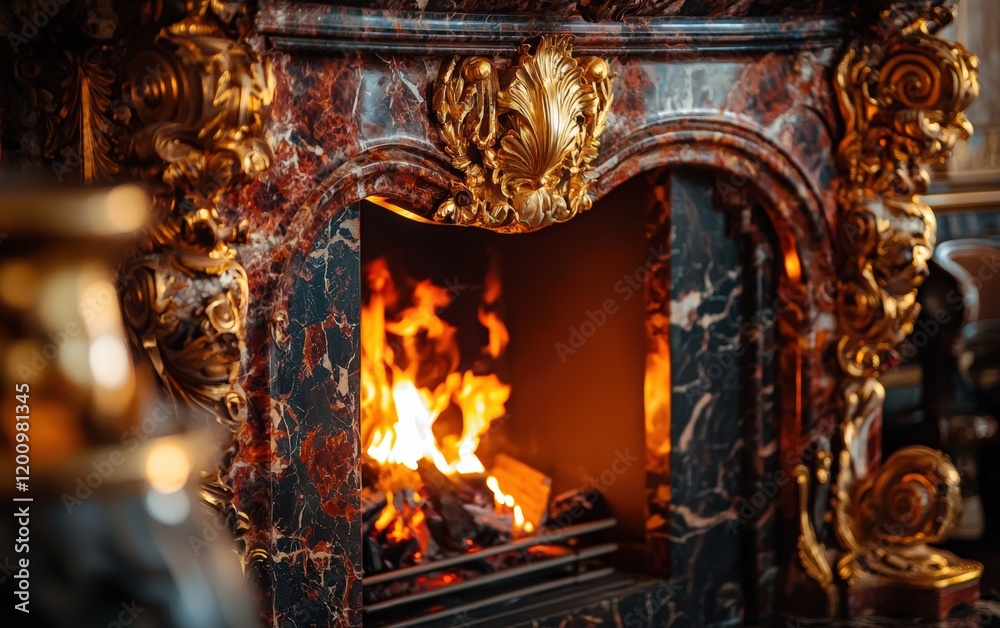 A luxurious marble fireplace with intricate patterns and a warm orange glow, focused closely on the flames A luxurious marble fireplace with intricate patterns and a warm orange glow, focused closely on the flames