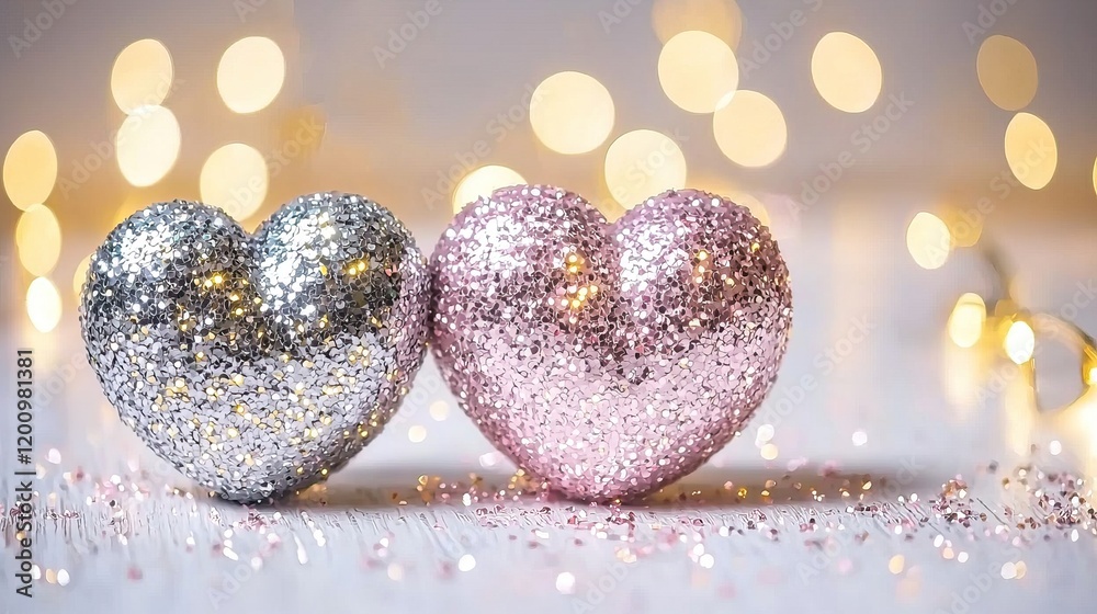 Fototapeta premium Glittering Hearts on Blurred Background