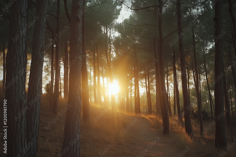 Fototapeta premium Sunlight filtering through pine forest in the late afternoon