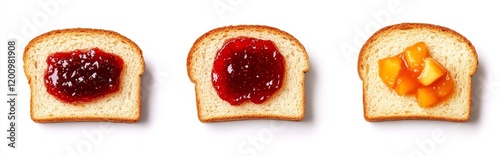 Three slices of bread with different fruit spreads strawberry, raspberry, and peach.