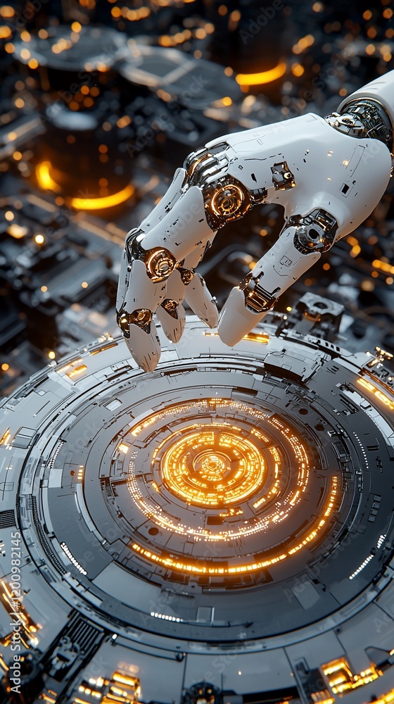 Fototapeta premium Robotic hand interacting with futuristic circular technology.