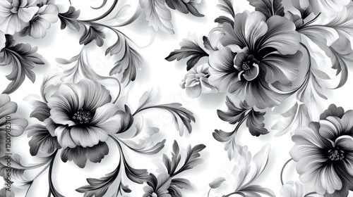 Dainty scrolling black and white floral element with a repeat enlarged design in grey behind it for an elegant vintage effect, vector illustration
