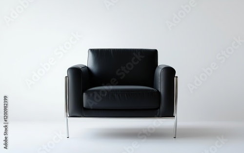Wallpaper Mural A minimalist black leather armchair with a sleek frame and metal legs, isolated on a clean white surface Torontodigital.ca