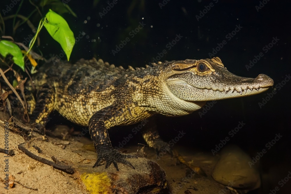Fototapeta premium A spectacular image of a black caiman lurking in the dark waters of the Amazon River