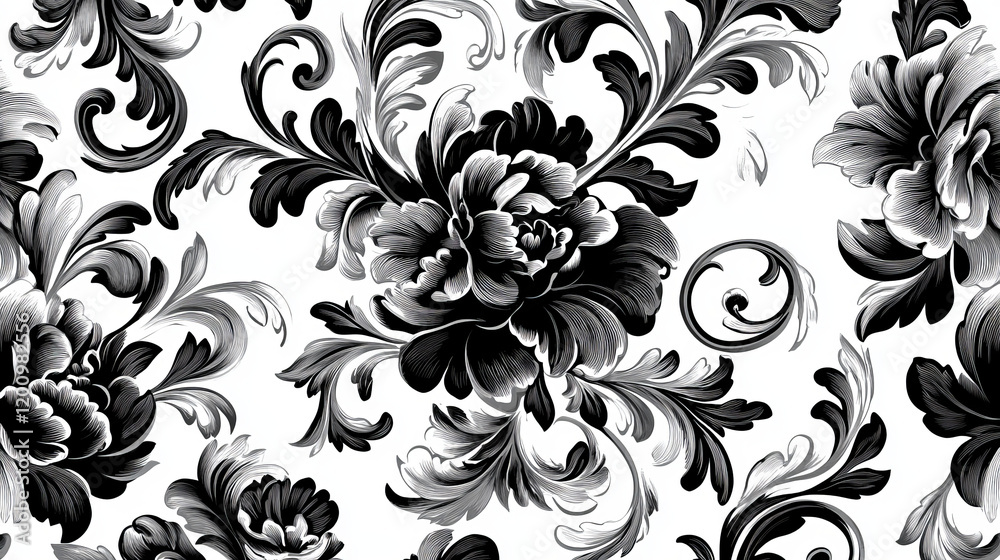 Dainty scrolling black and white floral element with a repeat enlarged design in grey behind it for an elegant vintage effect, vector illustration Dainty scrolling black and white floral element with a repeat enlarged design in grey behind it for an elegant vintage effect, vector illustration