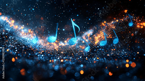 Abstract Digital Waves of Glowing Blue Light Particles with Scattered Musical Notes, Highlighting Themes of Music, Technology, and Creativity in a Futuristic Composition photo