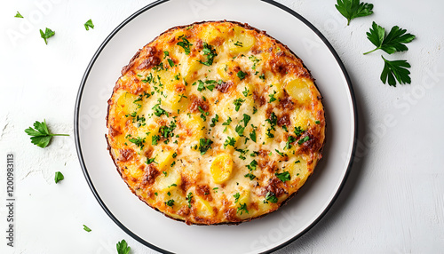 Potato gratin with cream, cheese and parsley on white plate photo