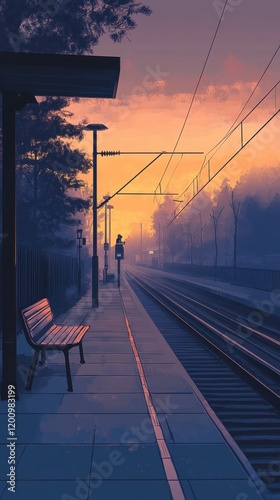 Serene Sunset at a Train Station Platform Bench photo