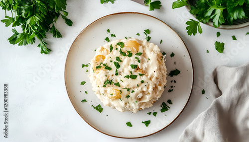 Potato gratin with cream, cheese and parsley on white plate photo