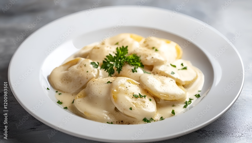 Potato gratin with cream, cheese and parsley on white plate Potato gratin with cream, cheese and parsley on white plate
