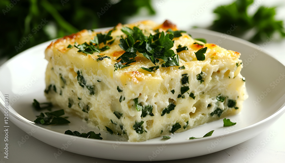 Potato gratin with cream, cheese and parsley on white plate Potato gratin with cream, cheese and parsley on white plate