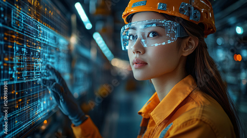 a woman wearing a hard hat and safety glasses photo