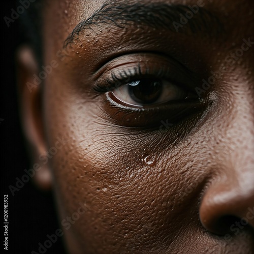 close up macro image of a black womans eye and face photo