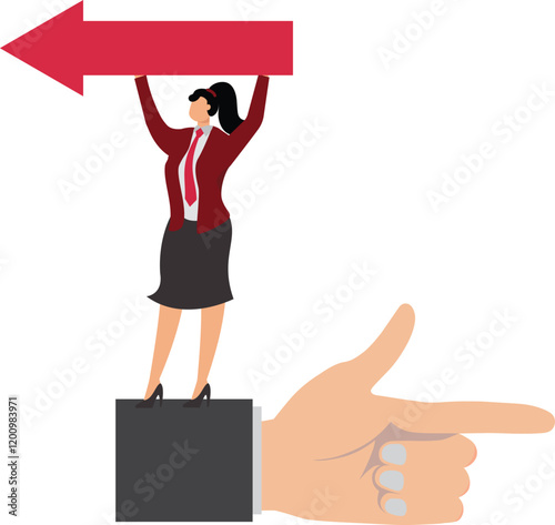 Businesswoman Standing on Giant Hand, Pointing in Opposite Directions