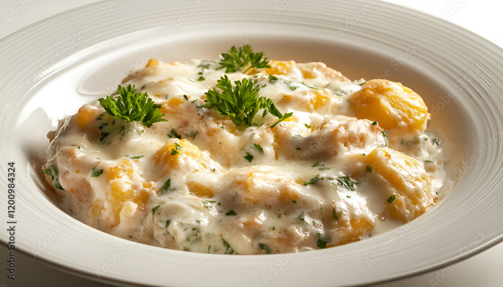 Potato gratin with cream, cheese and parsley on white plate Potato gratin with cream, cheese and parsley on white plate