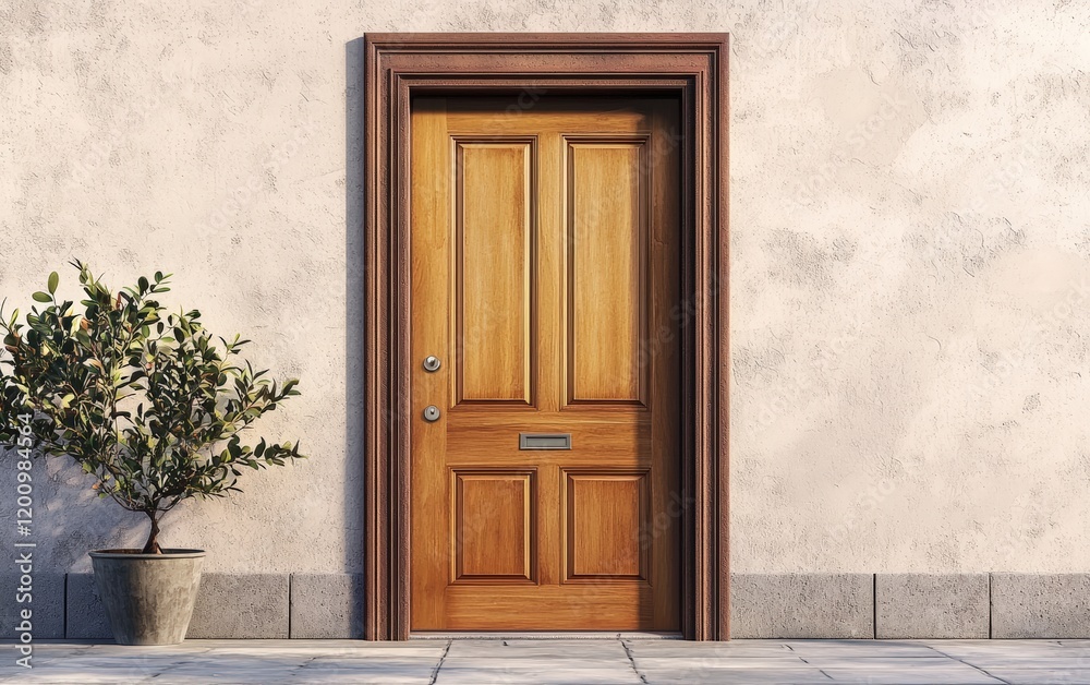 Fototapeta premium A modern wooden entrance door with sleek metallic handles, set against a neutral background
