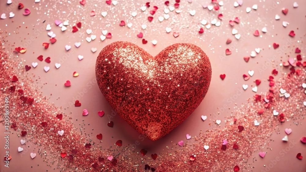 Sparkling Red Glitter Heart on Pink Background with Scattered Confetti Sparkling Red Glitter Heart on Pink Background with Scattered Confetti