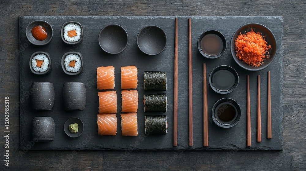 A stunning flat-lay of an assortment of sushi rolls showcases vibrant colors and textures against a dark slate board, perfect for any food enthusiast's dining moment A stunning flat-lay of an assortment of sushi rolls showcases vibrant colors and textures against a dark slate board, perfect for any food enthusiast's dining moment
