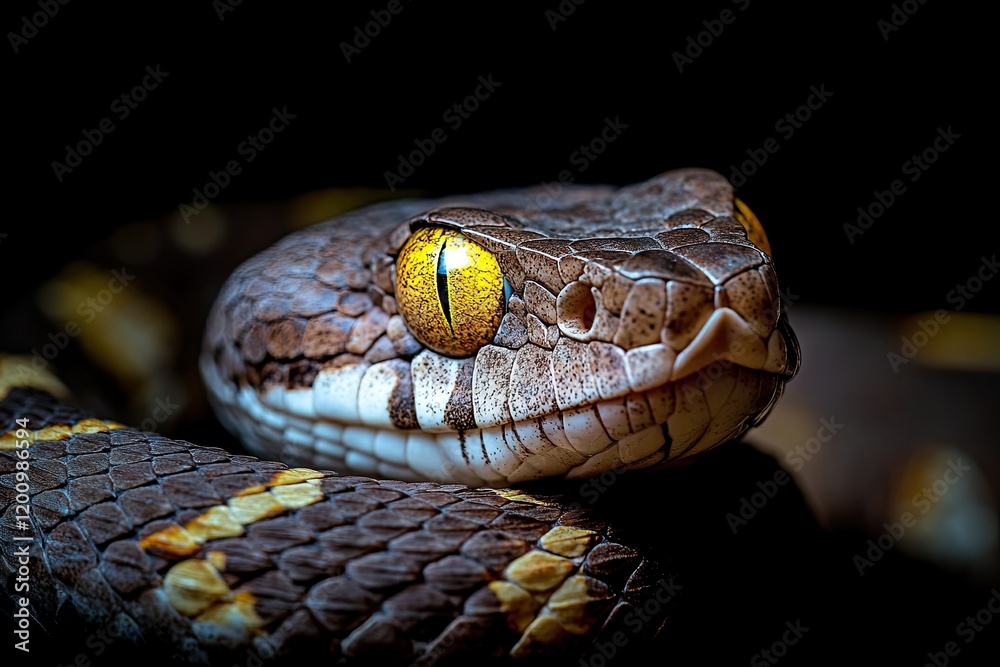 Fototapeta premium Snake with brown crystal eyes isolated on black background