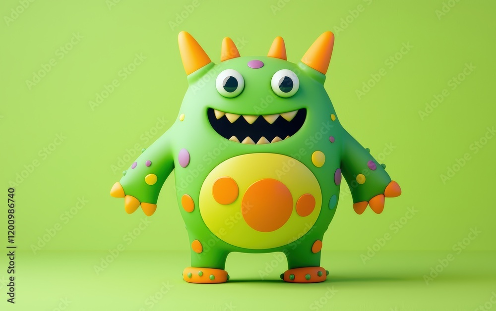 Playful green and orange 3D monster with a visible belly button, round tummy, and rainbow polka dots, placed on a pastel lime background Playful green and orange 3D monster with a visible belly button, round tummy, and rainbow polka dots, placed on a pastel lime background