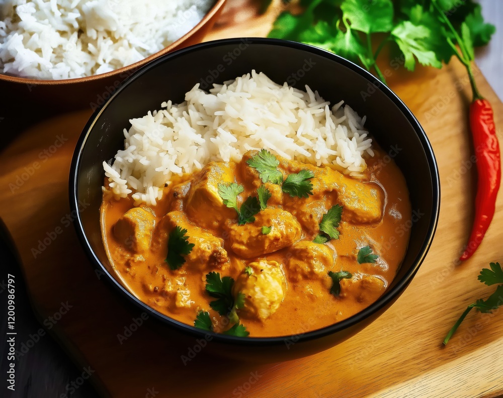 Black bowl of chicken korma with white rice Black bowl of chicken korma with white rice