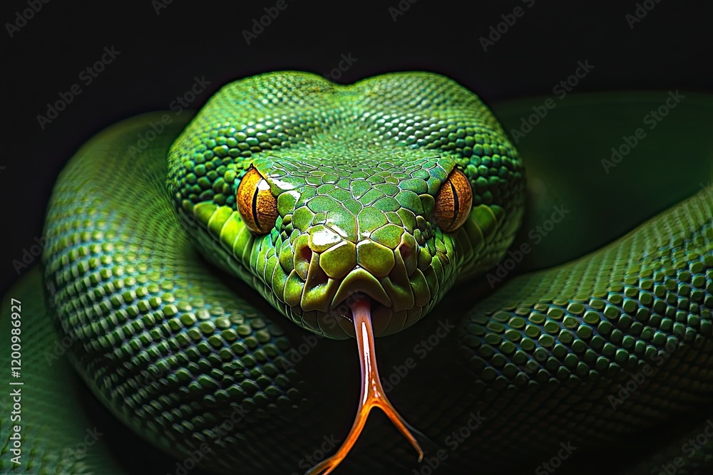 Fototapeta premium Close-up of a green snake, highly detailed, on a black background
