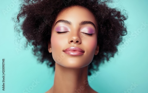 A radiant woman with soft lavender eyeshadow, rosy blush, and shimmering gloss, set against a pastel mint backdrop