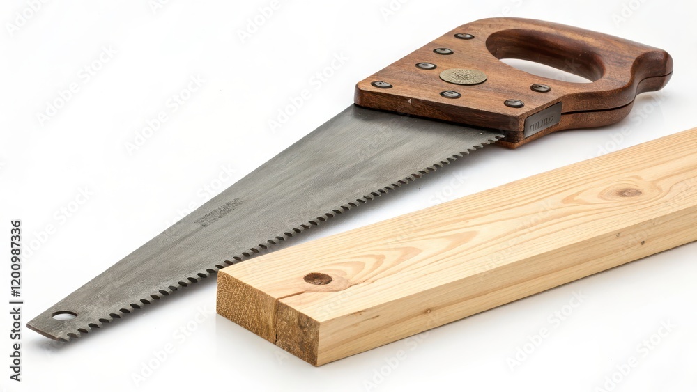 Hand saw ready to cut a piece of wood. Hand saw ready to cut a piece of wood.