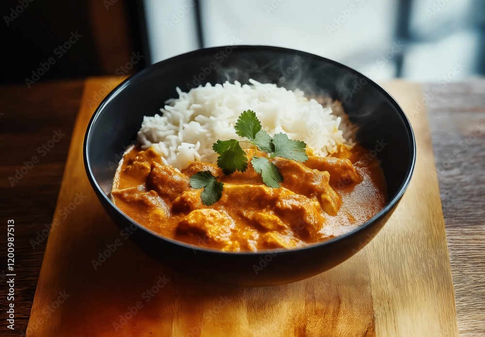 Black bowl of chicken korma with white rice on a table Black bowl of chicken korma with white rice on a table