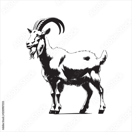 This high-quality vector silhouette features a majestic goat, showcasing intricate details and elegant lines. Ideal for various design projects, this artwork captures the grace and strength of the ani