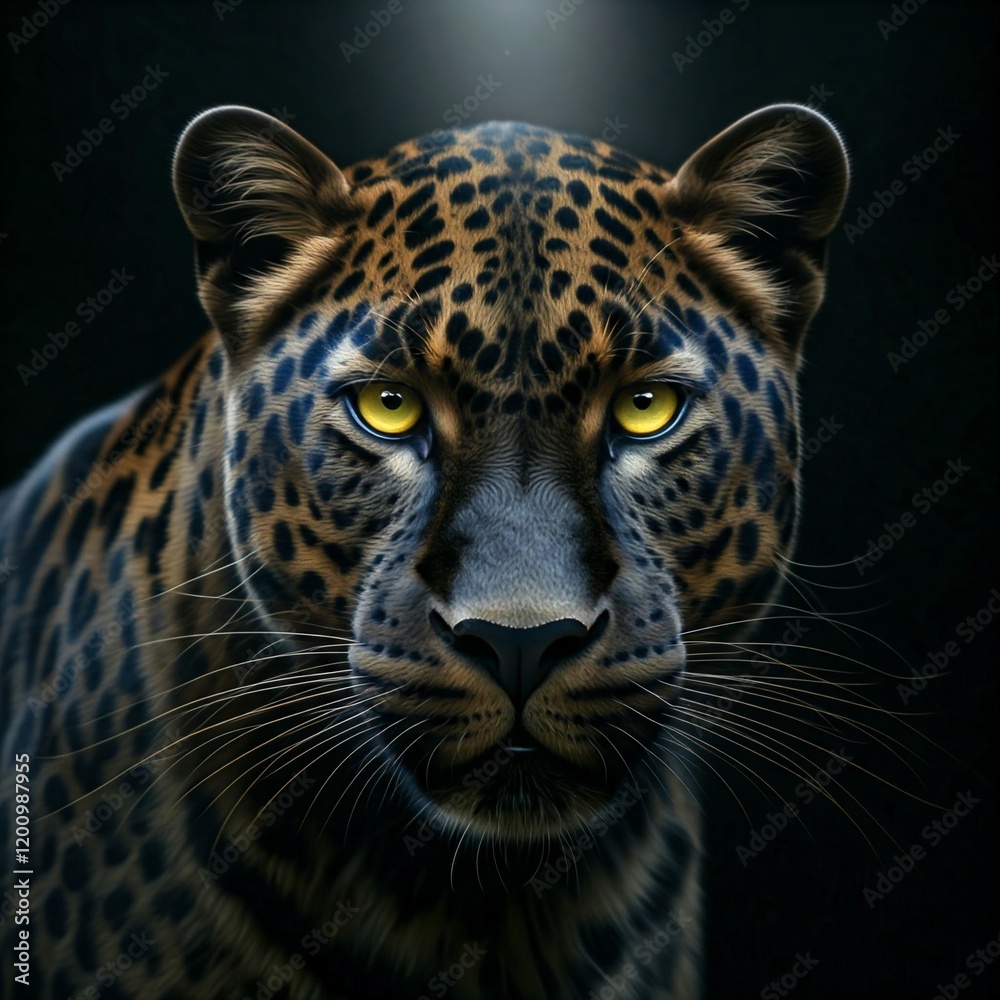 Obraz premium closeup of a black and yellow leopard with a serious expression in the dark