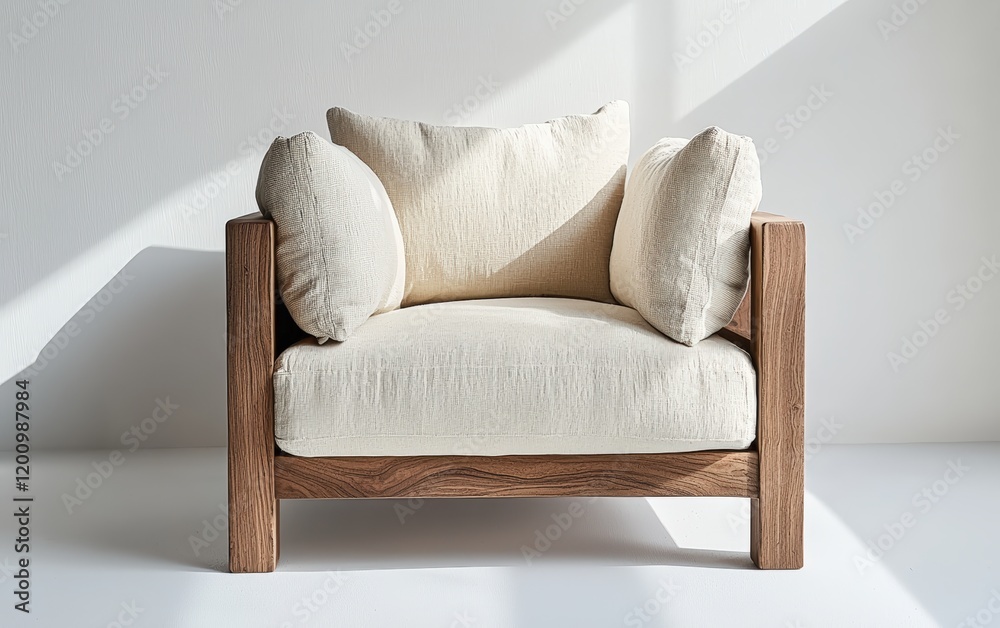 Fototapeta premium A neutral sand-colored armchair with soft cushions and a sturdy wooden frame, set on a white surface