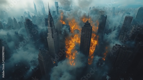 Cityscape Inferno Skyscrapers Amidst Flames and Smoke photo