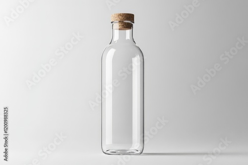 A mockup of a transparent glass water bottle with a cork lid, featuring a minimalist label design.