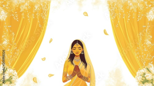 Beautiful wedding invitation card with Indian bride with yellow saree
