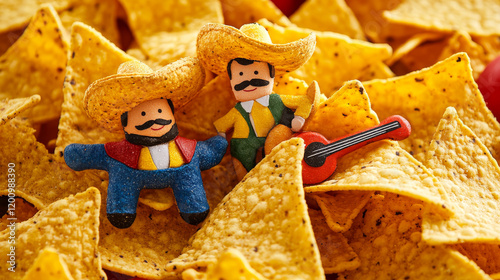 Cartoon mexican nachos chips characters. Find two same personages. Kids vector worksheet game search similar tex mex snack cowboy with horse, mariachi musician in sombrero with guitar, maraca, trumpet photo