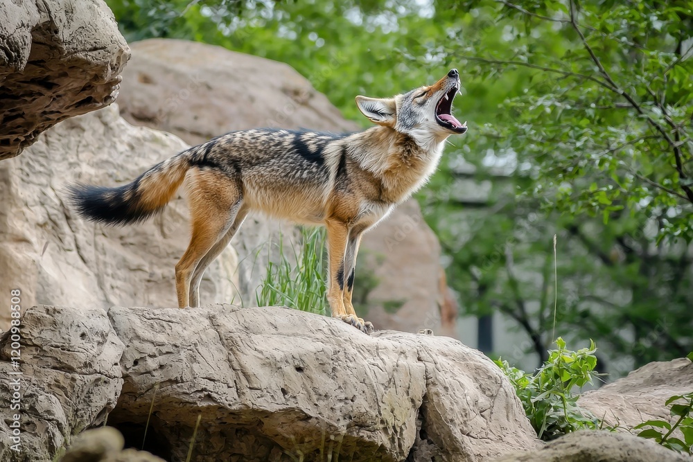 Fototapeta premium A striking image of a black-backed jackal standing on a rocky outcrop, howling. 