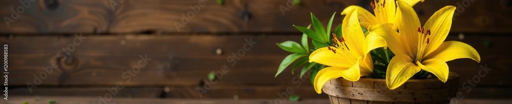 Yellow Asiatic lily blooms arranged in a wooden basket against a rustic brown background, wood, yellow