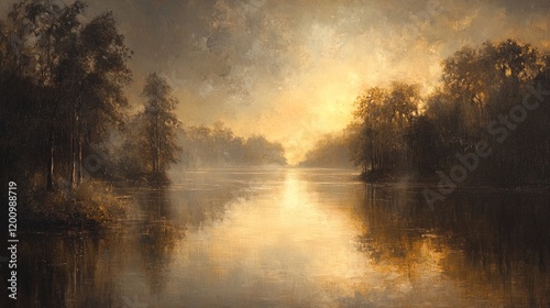 A misty river landscape at dawn, with soft light and ethereal reflections photo